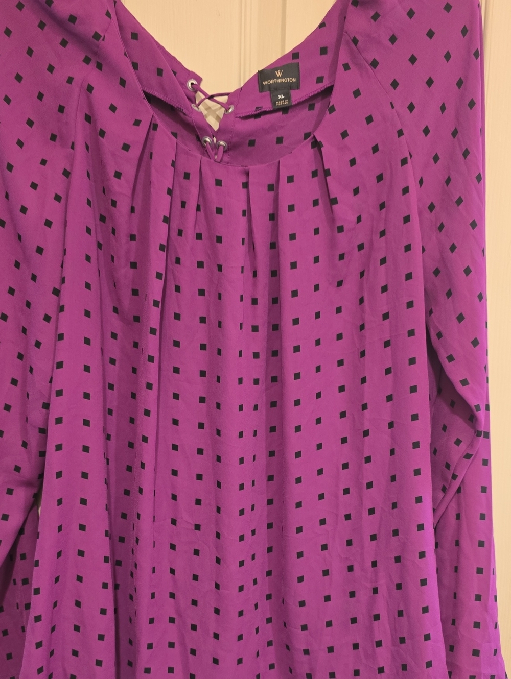 Worthington Purple Blouse with Black Square Print